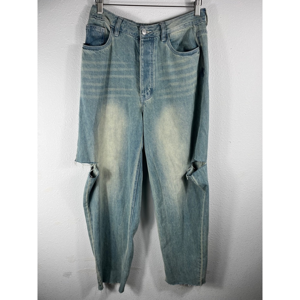 Mars The Label Women Jeans Blue S High Rise Distressed Cutout Straight Leg Denim